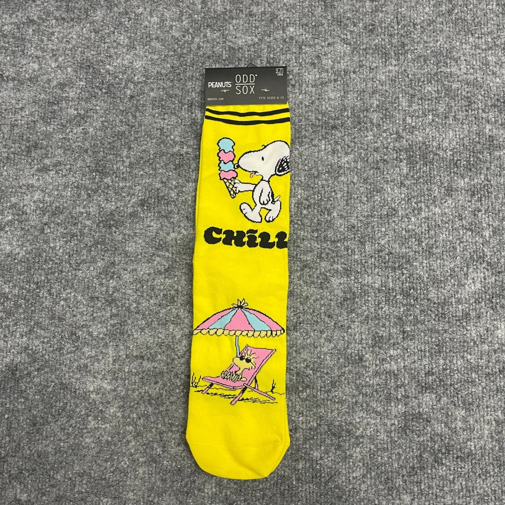 Odd Sox Peanuts Snoopy Woodstock Chill Yellow Crew Socks Mens Size 6-13 NEW - Picture 2 of 7